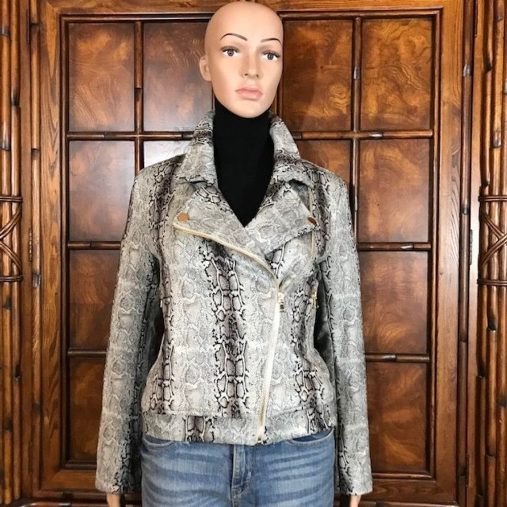 Stone Skinny Python Zip Sleeve Moto Jacket - Picture 3 of 16